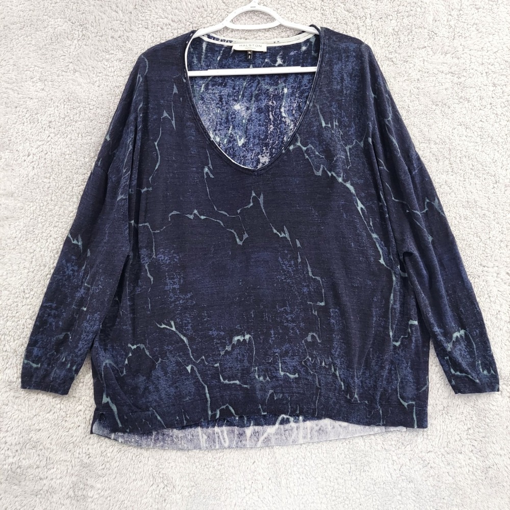 Halston Heritage Knit Top Women's XL Blue Marbled‎ Deep V-Neck Relaxed Pullover